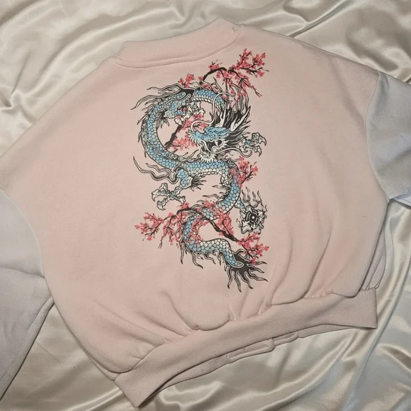 Urban Planet Tokyo Print Pink and White Women's Varsity Jacket Cropped - Picture 3 of 4